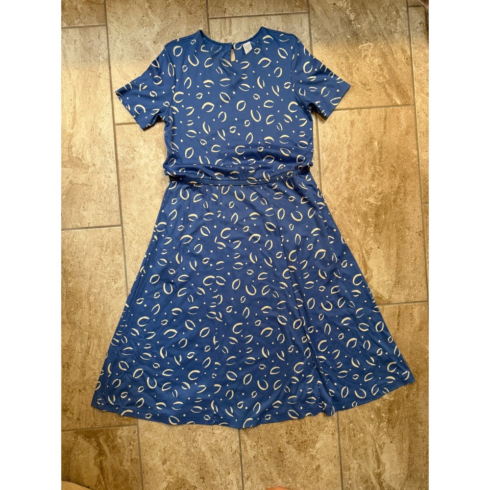 Lands End Womens Petite M Blue Abstract Cotton Jersey Short Sleeve Midi Dress
